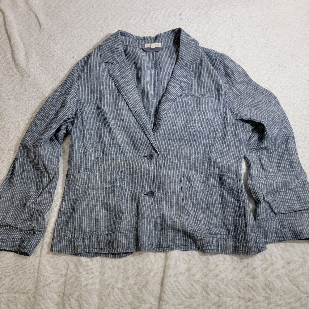 EILEEN FISHER Denim Blue 100% Linen Chambray Railroad Stripe Jacket Blazer Sz M